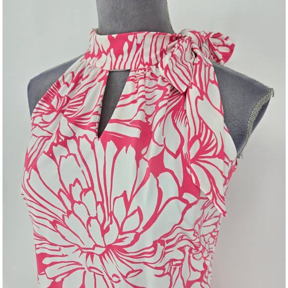 Katherine Way Dress Womens Medium Pink White Floral Stretch Knit Bow at Neck - Picture 8 of 11
